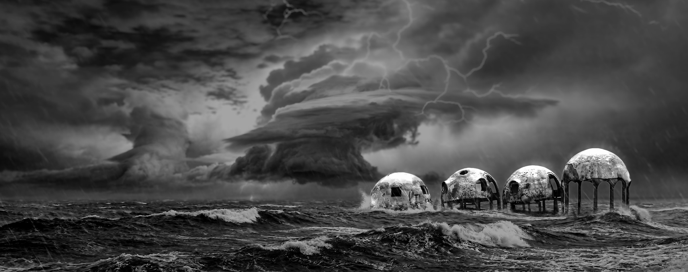 Weathered Cape Romano domes surrounded by waves beneath branching lightning and storm clouds