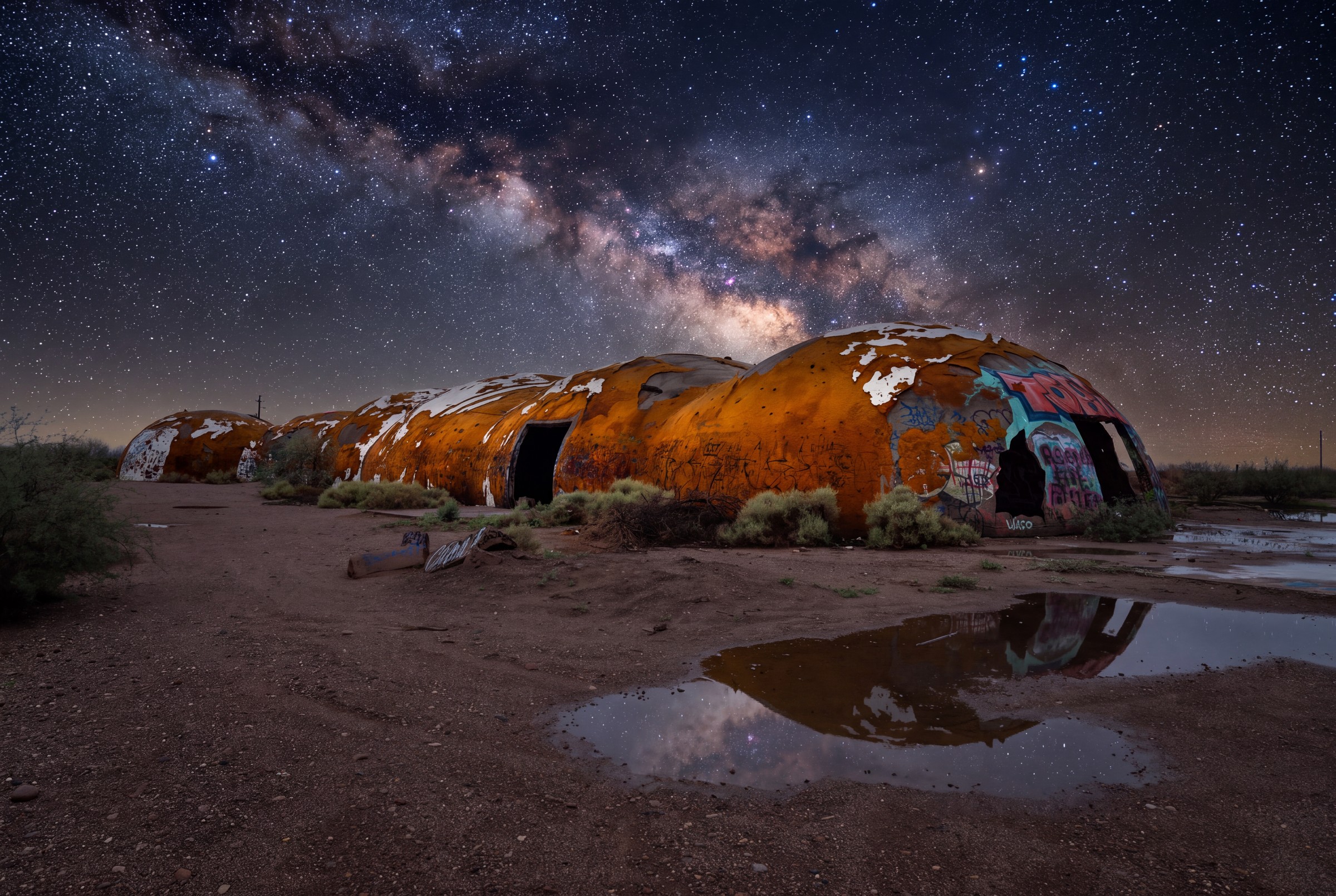 Orange desert domes under a star-filled sky reflected in water